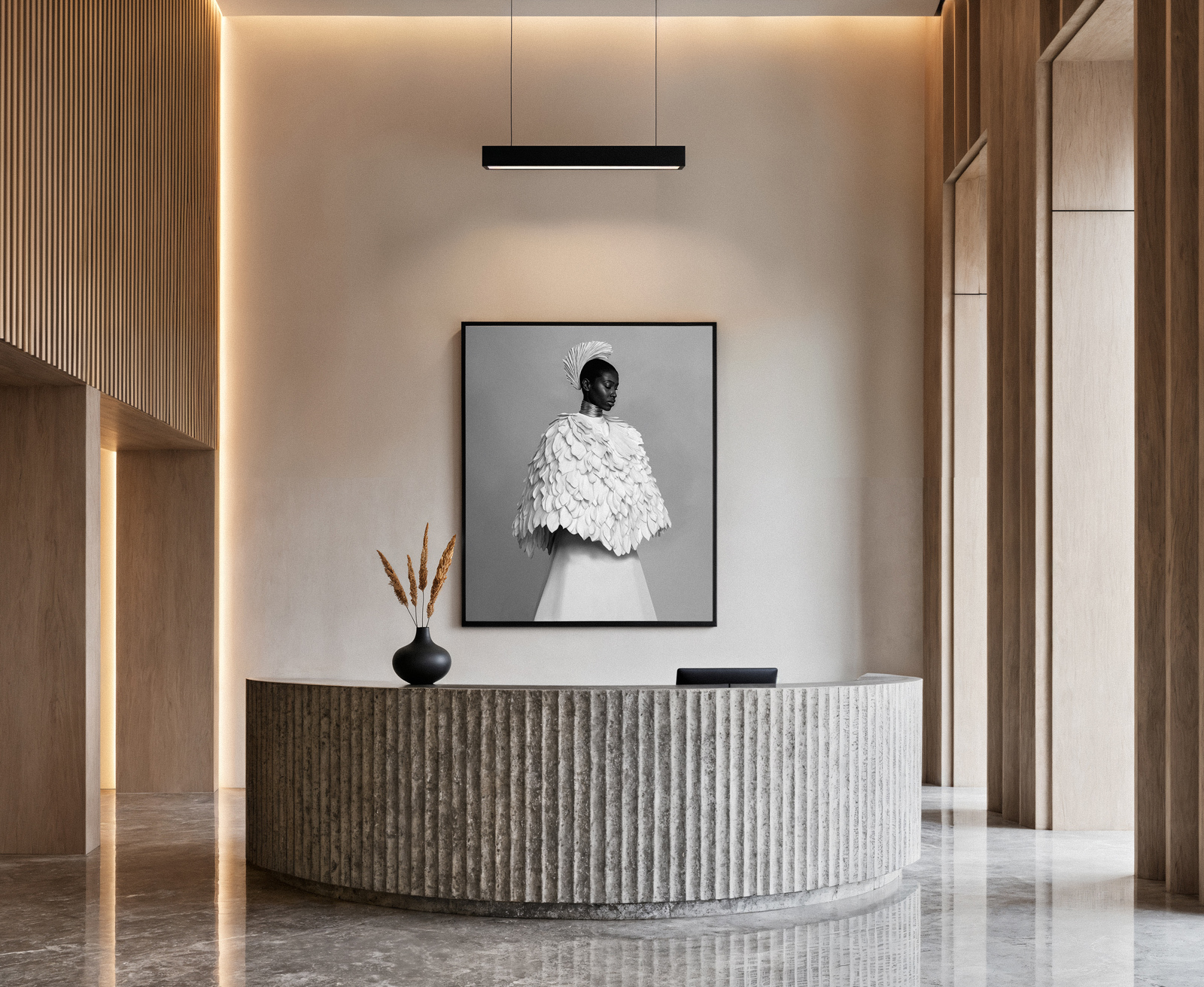 Custom artwork by Semblance Studios displayed in luxury hotel lobby interior showcasing hospitality art specialization